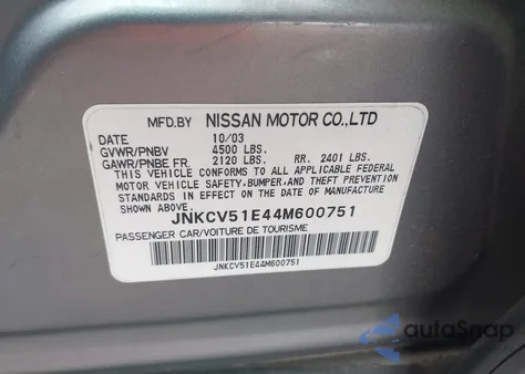 2004 Infiniti G35 z USA, uszkodzony, nr VIN JNKCV51E44M600751